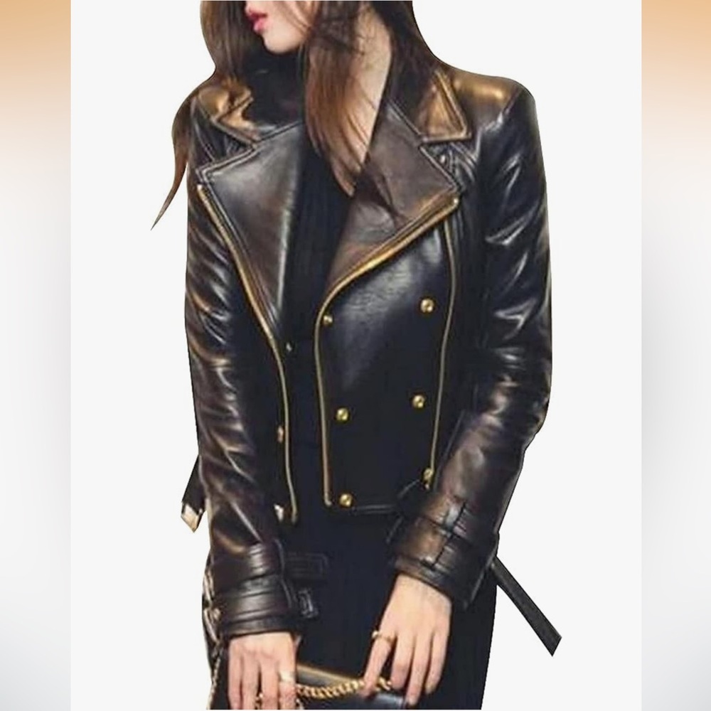 CHAYELL Brando Black Genuine Lambskin Leather Motorcycle GoldZip Biker Jacket L?